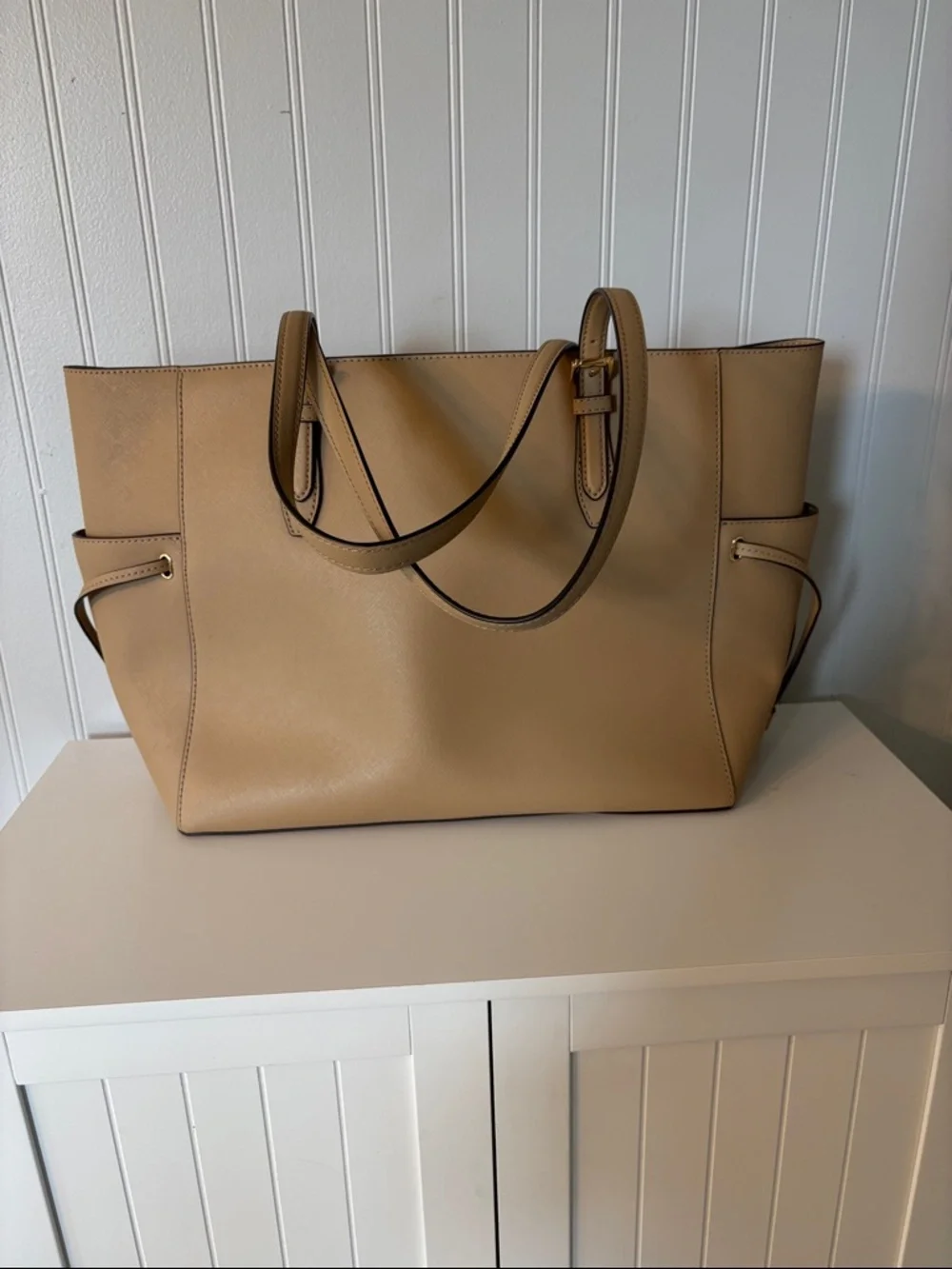 Michael Kors Gilly Camel Leather Tote with Gold MK Charm